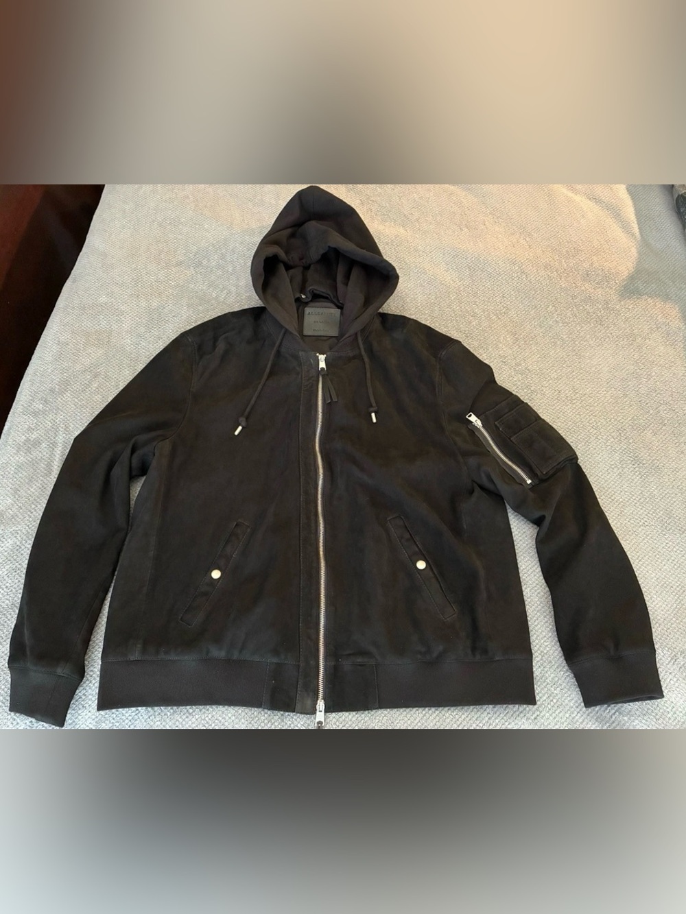 Size XXL AllSaints Izaka Black Genuine Suede Leather Hooded Bomber Flight Jacket